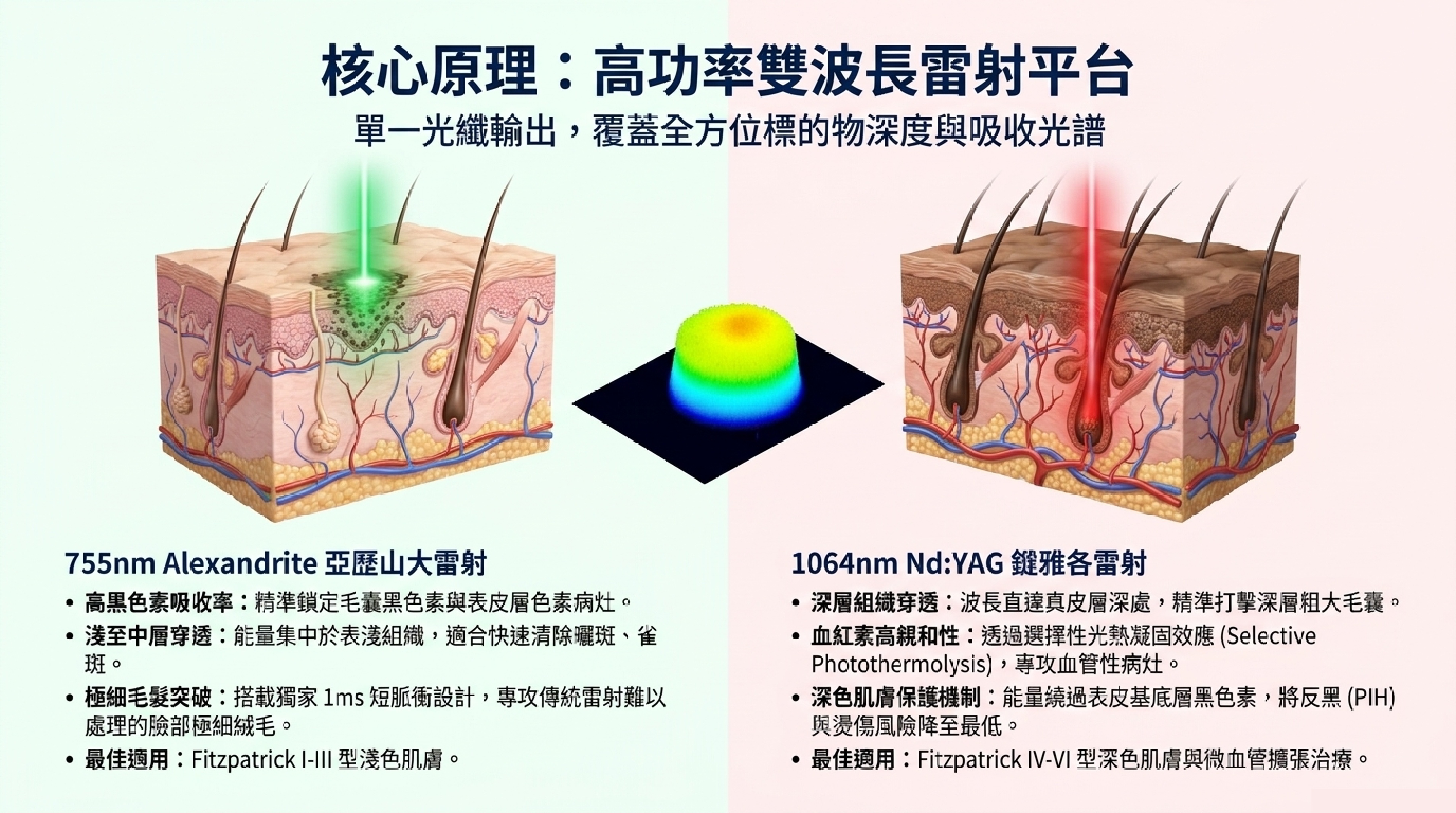 Clarity II 核心原理：高功率雙波長雷射平台，整合 755nm 與 1064nm 雙波長