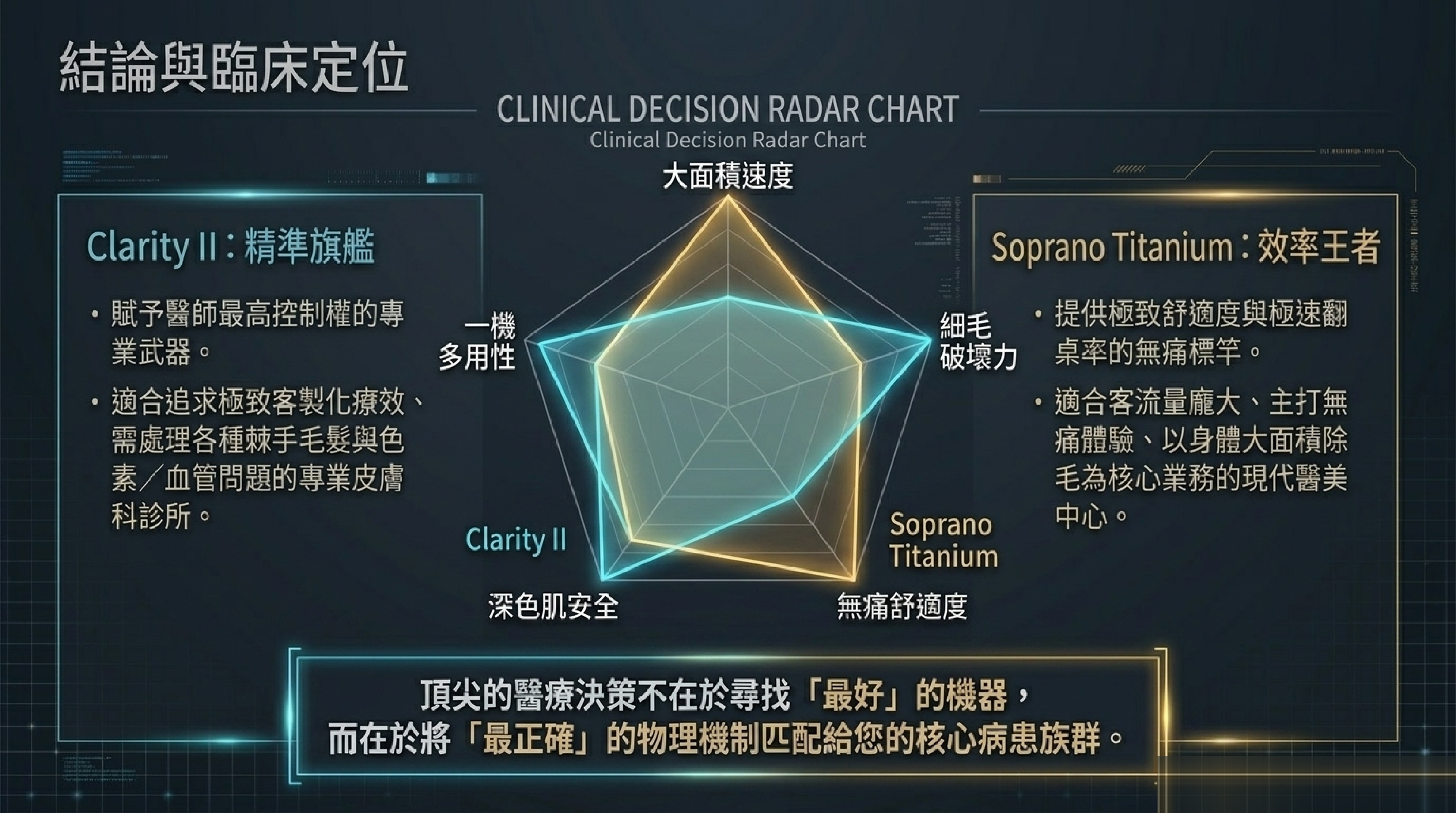 Clarity II 精準旗艦 vs Soprano Titanium 效率王者臨床決策雷達圖