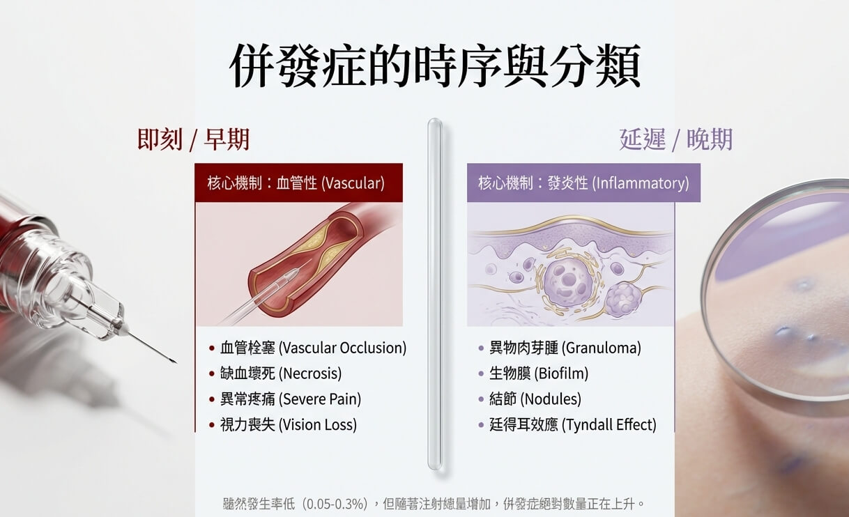 微整填充物併發症依注射後時程分類為即刻、早期、遠期三類圖