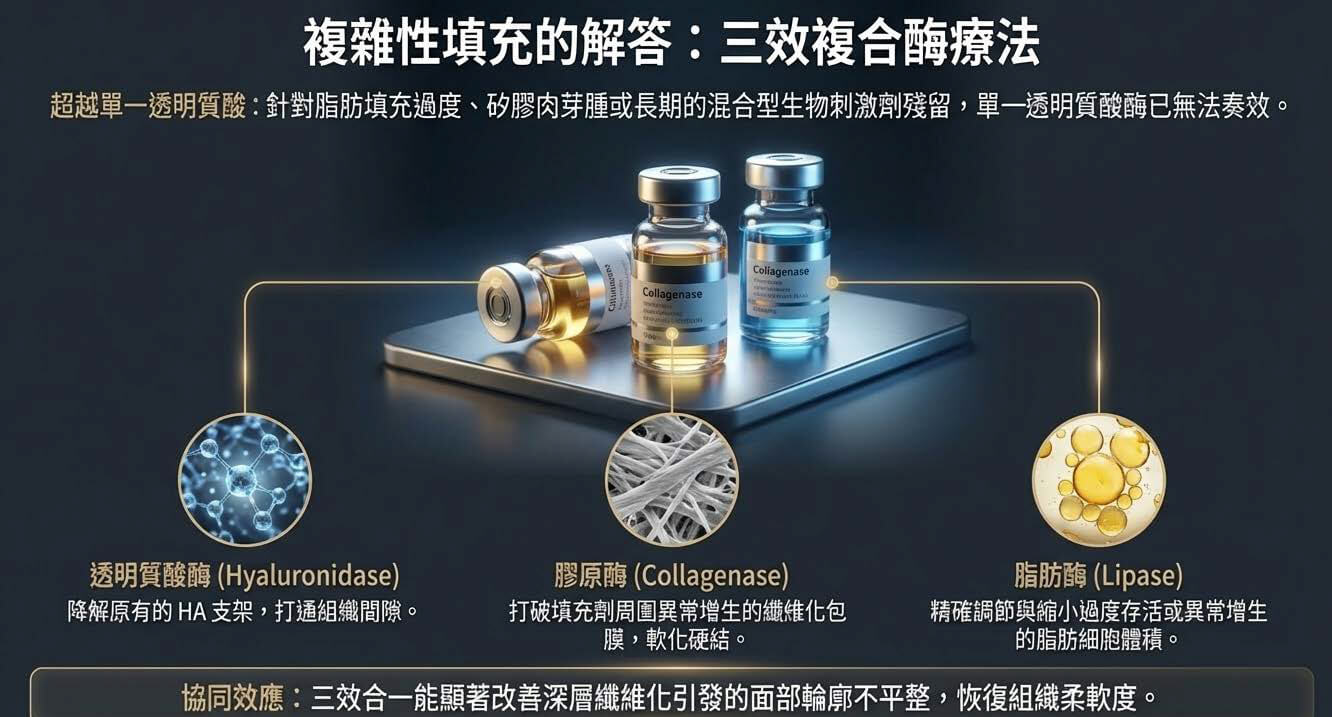 三效複合酶療法示意圖:透明質酸酶+膠原酶+脂肪酶