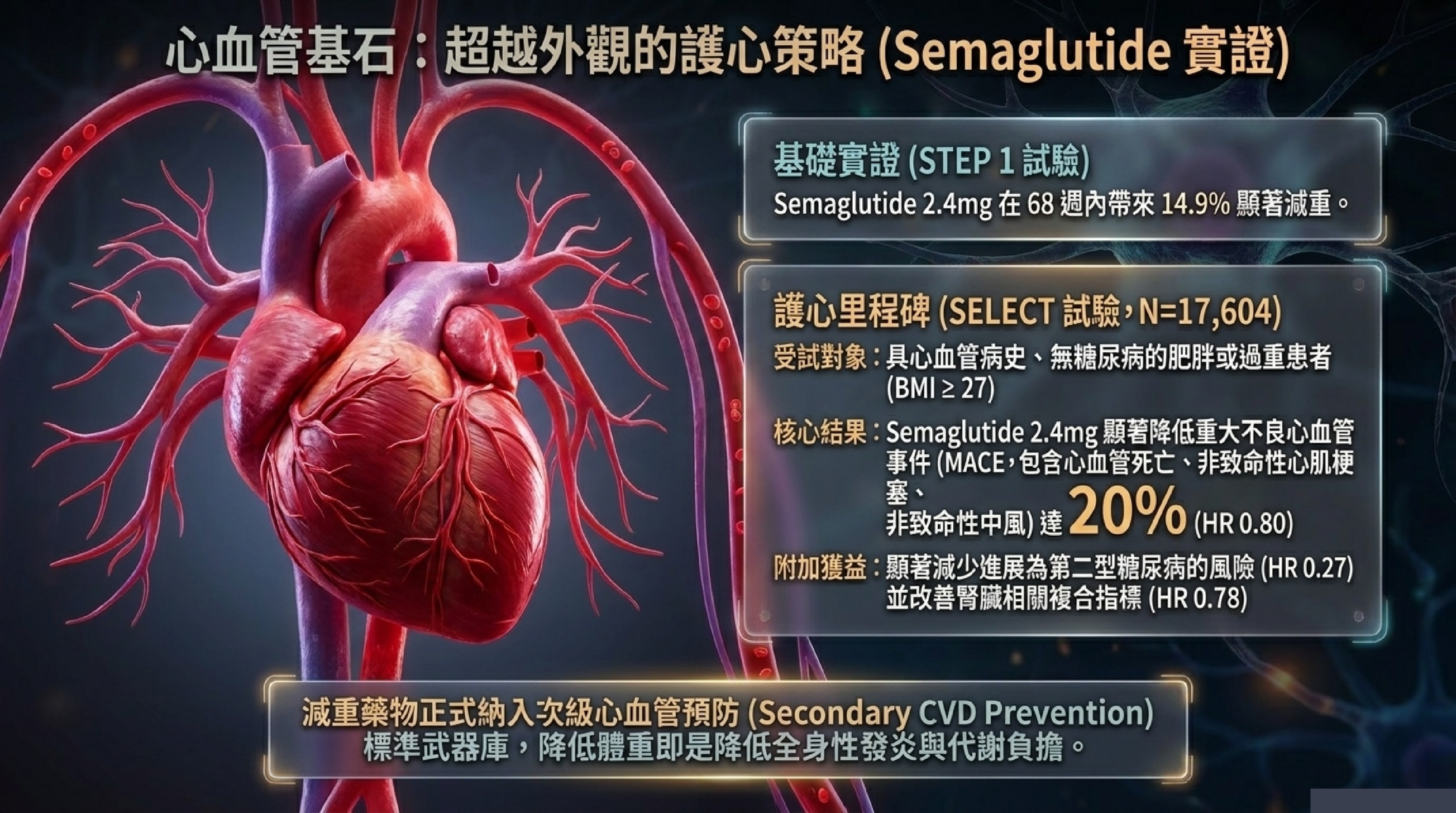 SELECT 試驗 N=17,604:Semaglutide 2.4mg 顯著降低重大不良心血管事件 (MACE) 20%,並降低進展為 T2D 風險