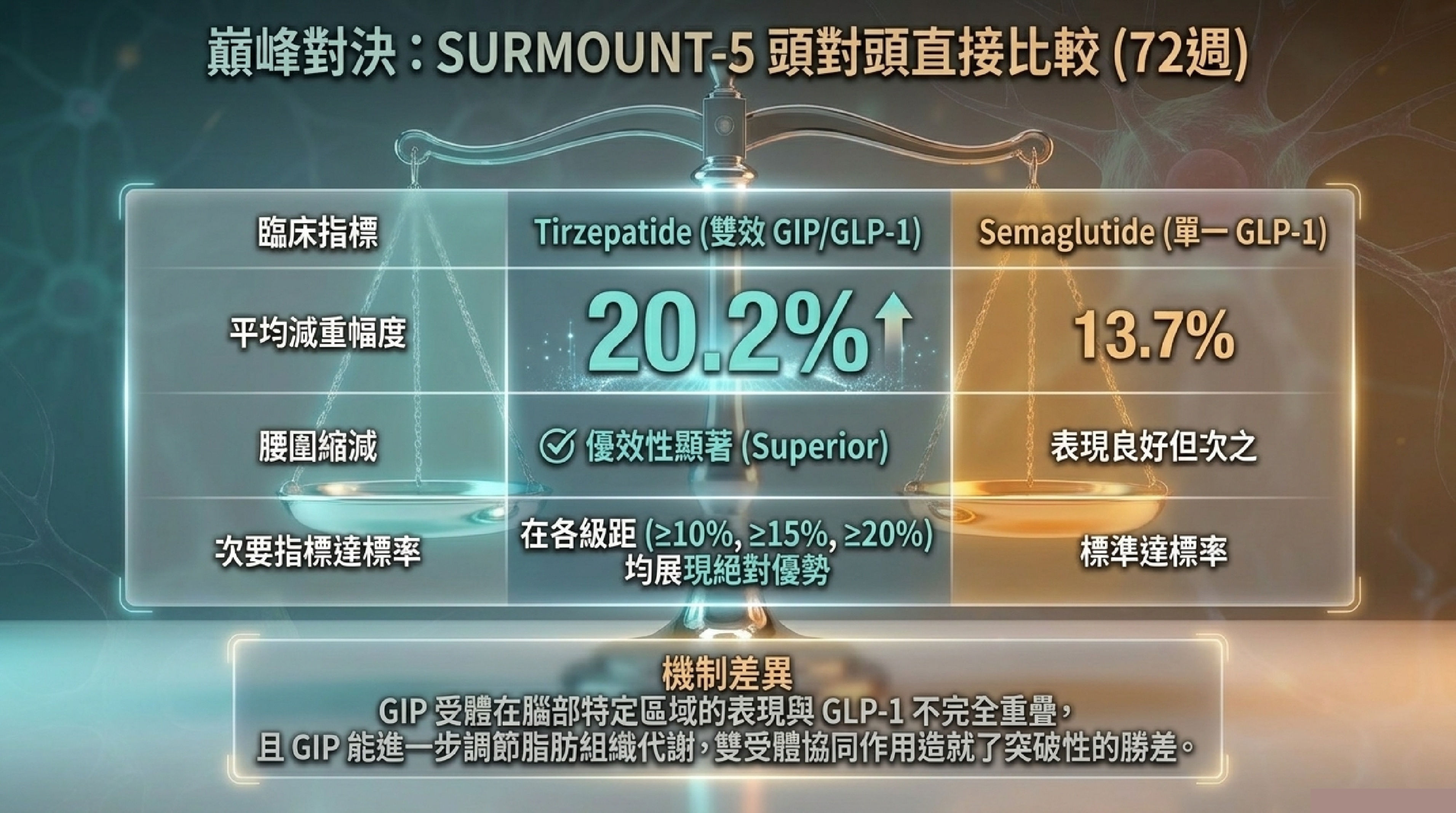 SURMOUNT-5 頭對頭比較 72 週:Tirzepatide 減重 20.2% 顯著優於 Semaglutide 13.7%,腰圍縮減 18.4cm vs 13.0cm